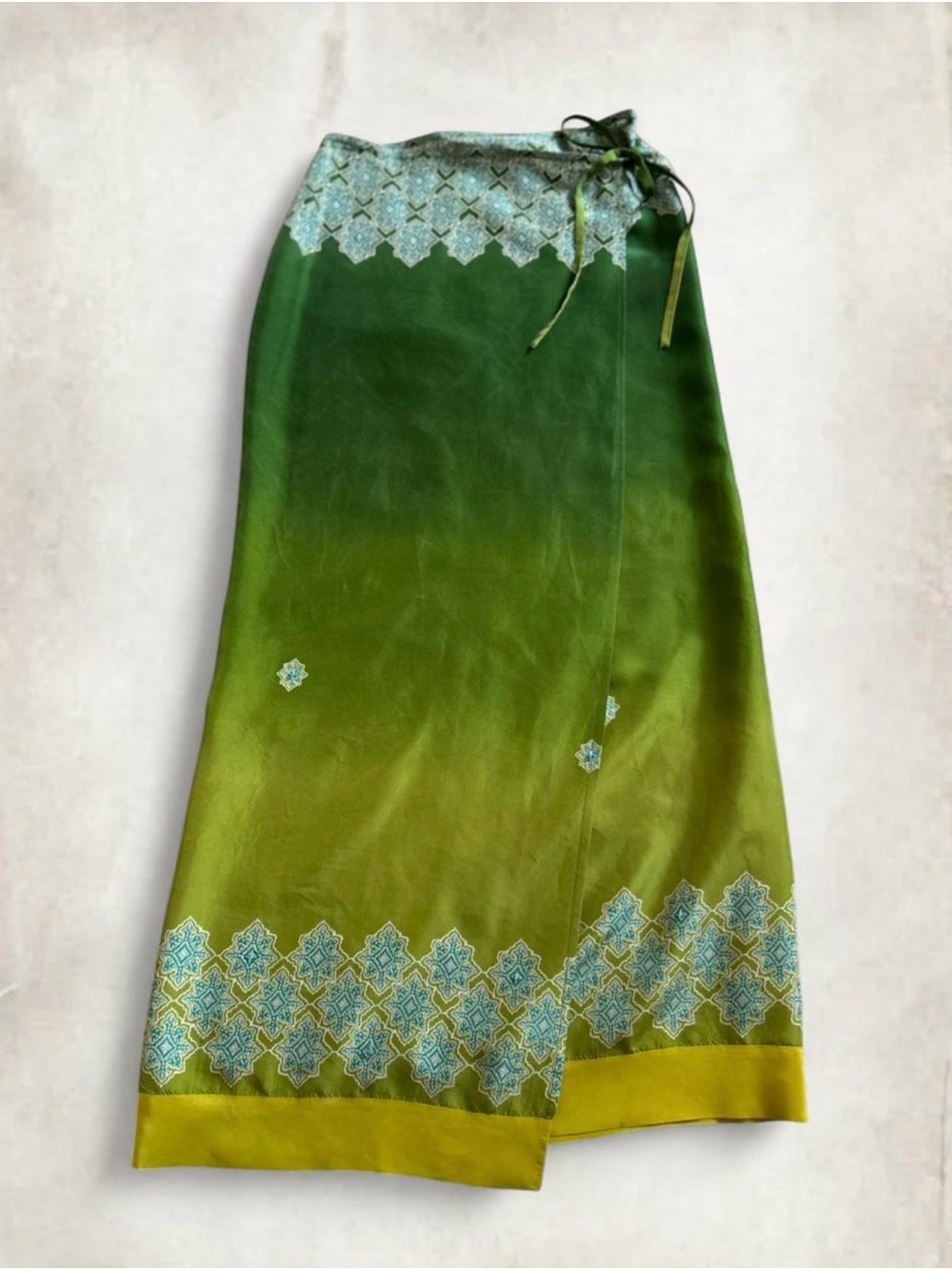 Vintage Express 100% Silk Green Ombre Wrap Skirt With Beaded Flowers
